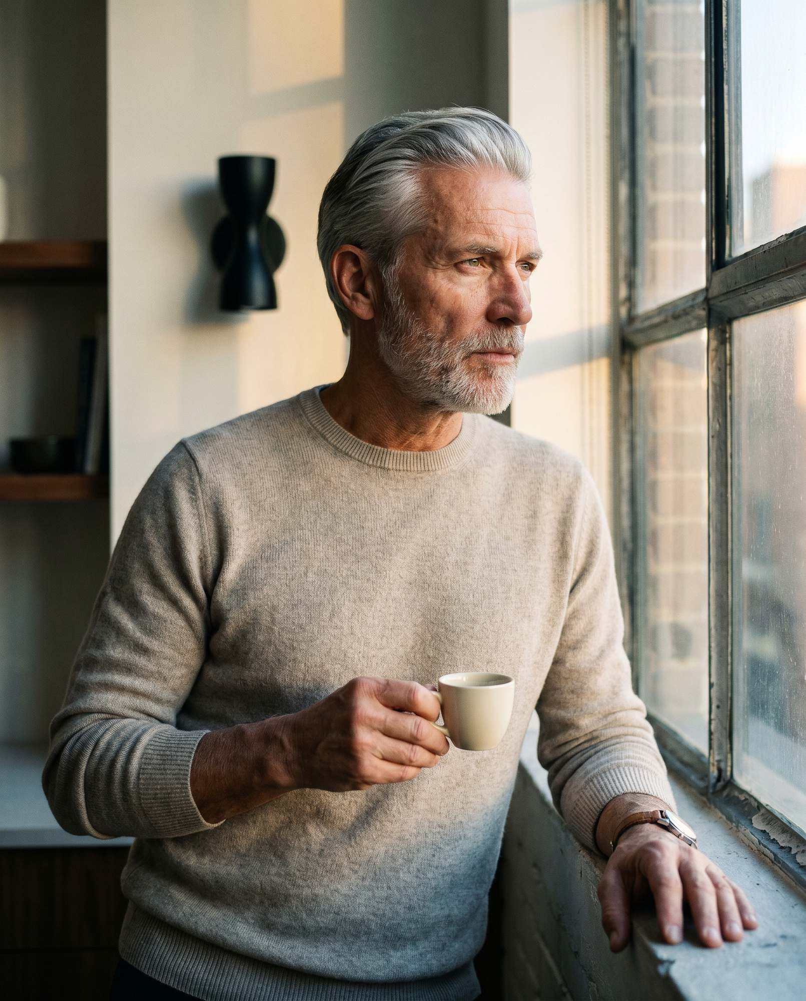 Hombre adulto tomando café en luz dorada